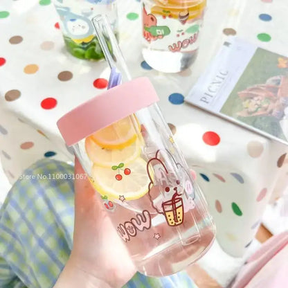 Cute bear cartoon glass cup with orange & pink – kitchen drinkware
