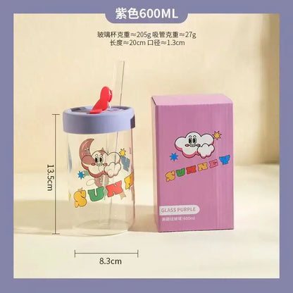 Cute bear cartoon glass cup with orange & pink – kitchen drinkware