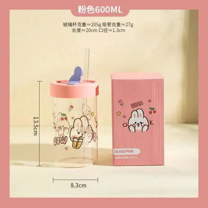 Cute bear cartoon glass cup with orange & pink – kitchen drinkware