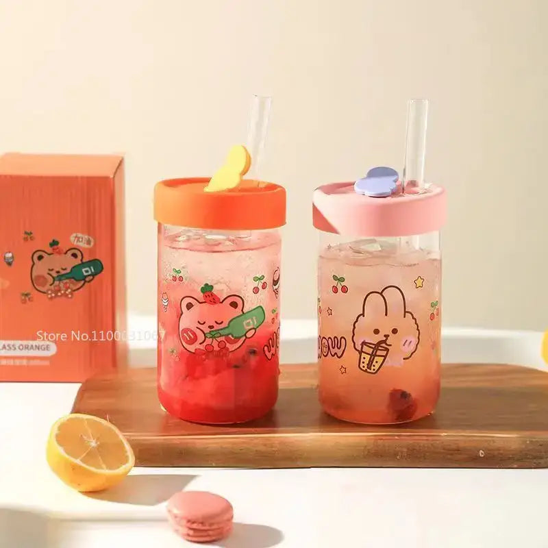 Cute bear cartoon glass cup with orange & pink – kitchen drinkware