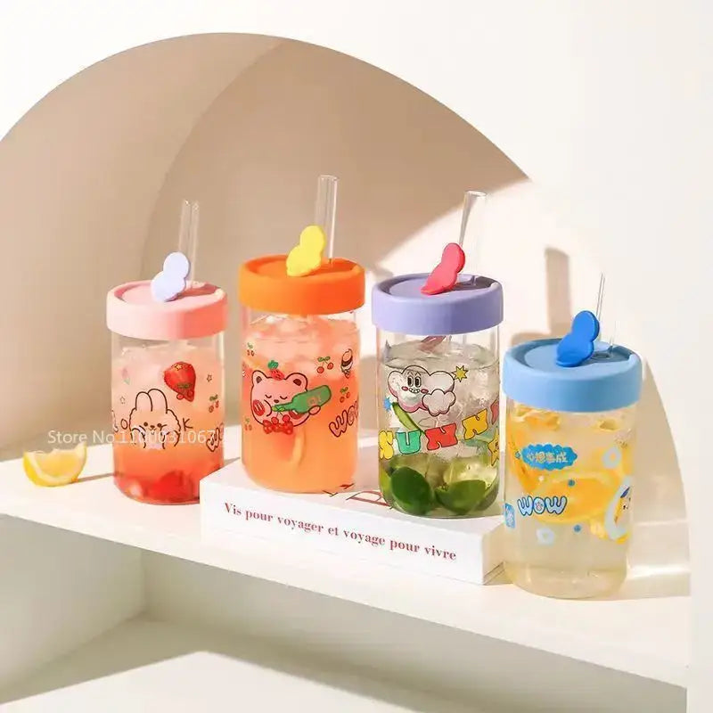 Cute bear cartoon glass cup with orange & pink – kitchen drinkware