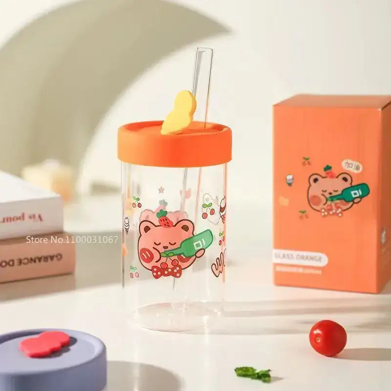 Cute bear cartoon glass cup with orange & pink – kitchen drinkware