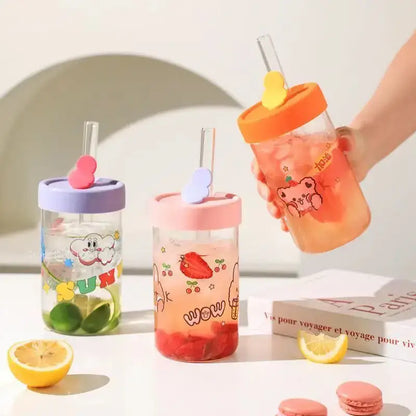 Cute bear cartoon glass cup with orange & pink – kitchen drinkware
