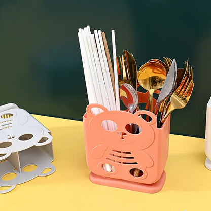 Cute bear coral & white cutlery organizer stand kitchen storage