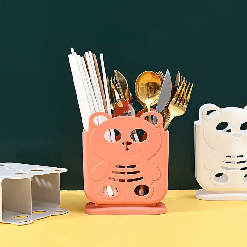 Cute bear coral & white cutlery organizer stand kitchen storage