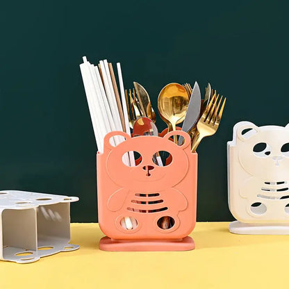 Cute bear coral & white cutlery organizer stand kitchen storage