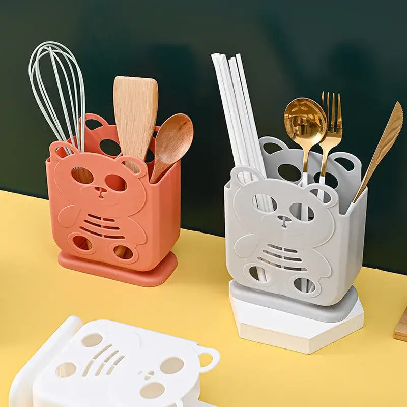 Cute bear coral & white cutlery organizer stand kitchen storage