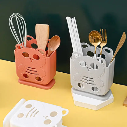 Cute bear coral & white cutlery organizer stand kitchen storage