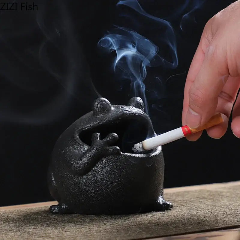Cute big belly frog black ceramic ashtray living room decor gift