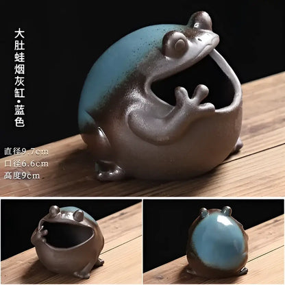 Cute big belly frog black ceramic ashtray living room decor gift