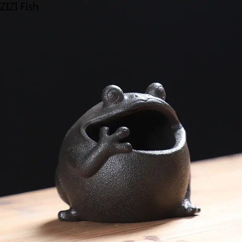 Cute big belly frog black ceramic ashtray living room decor gift