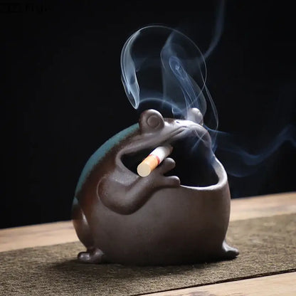 Cute big belly frog black ceramic ashtray living room decor gift