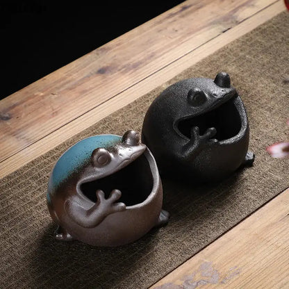 Cute big belly frog black ceramic ashtray living room decor gift