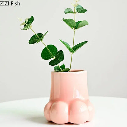 Cute cartoon cat paw ceramic vase set living room decor