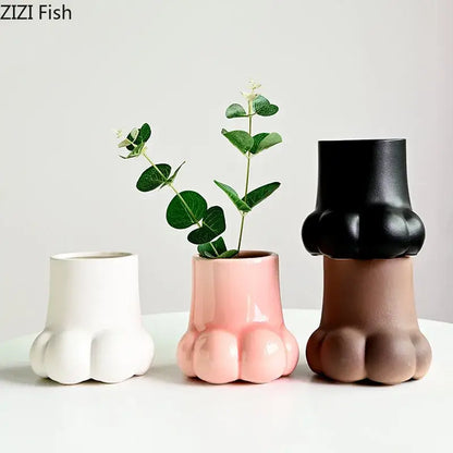 Cute cartoon cat paw ceramic vase set living room decor