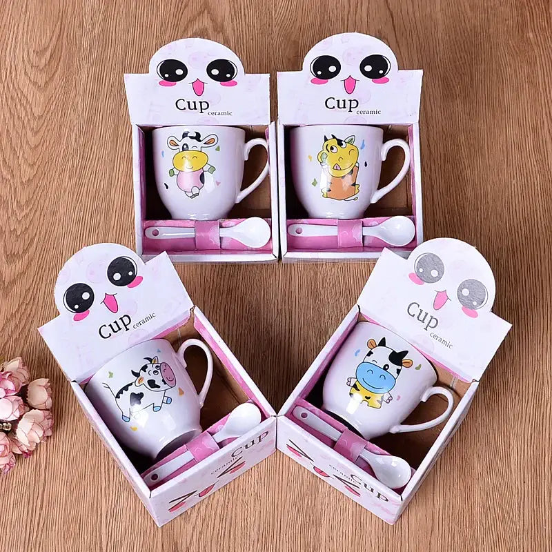 Cute cartoon coffee mug set with spoon – kitchen couple gift