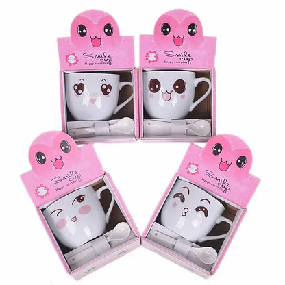 Cute cartoon coffee mug set with spoon – kitchen couple gift