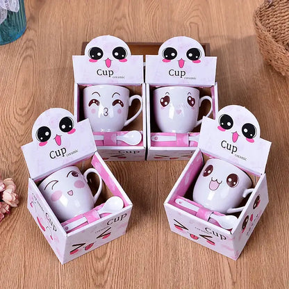Cute cartoon coffee mug set with spoon – kitchen couple gift