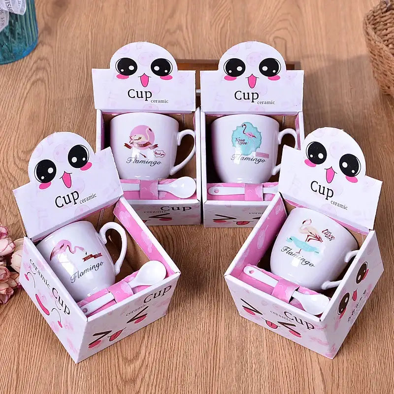 Cute cartoon coffee mug set with spoon – kitchen couple gift
