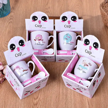 Cute cartoon coffee mug set with spoon – kitchen couple gift