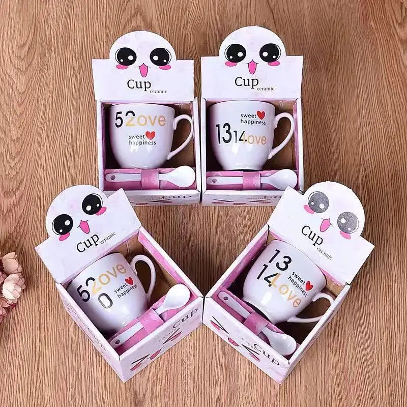 Cute cartoon coffee mug set with spoon – kitchen couple gift