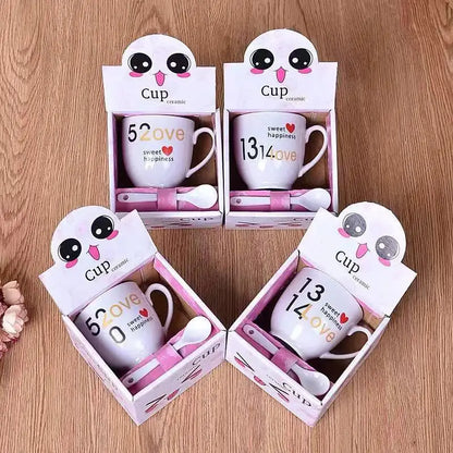 Cute cartoon coffee mug set with spoon – kitchen couple gift