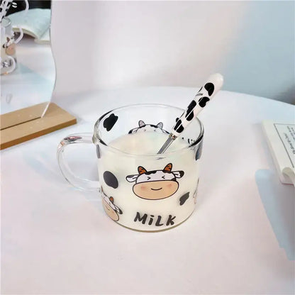 Cute cartoon cow pattern glass mug with spoon lid dining room