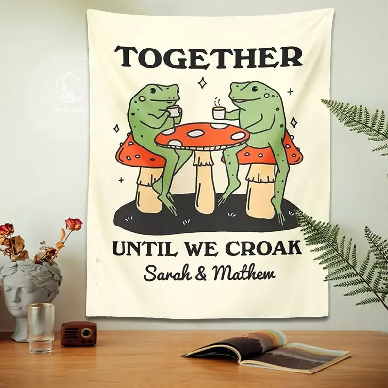 Cute cartoon frog moon phase tapestry cream bedroom wall decor