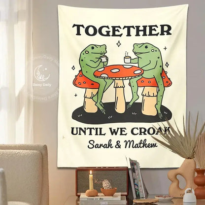 Cute cartoon frog moon phase tapestry cream bedroom wall decor