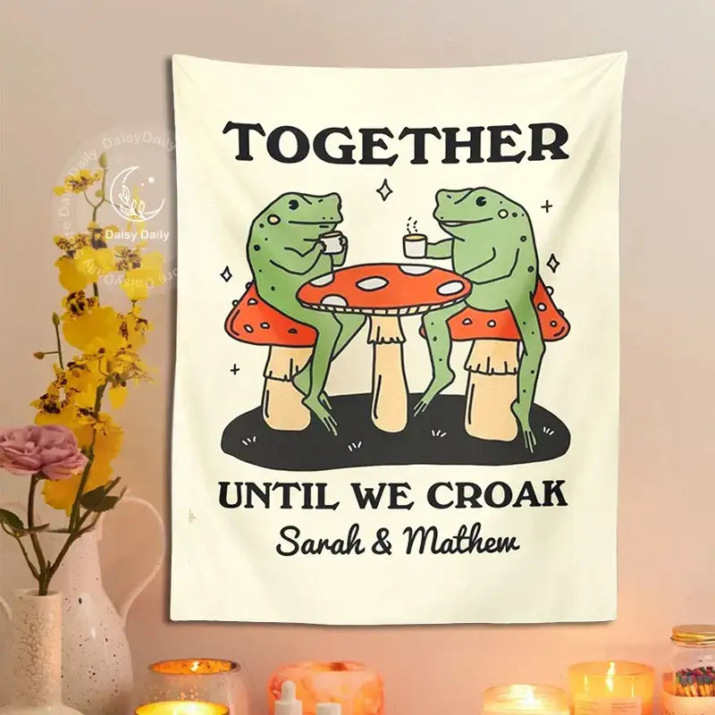 Cute cartoon frog moon phase tapestry cream bedroom wall decor