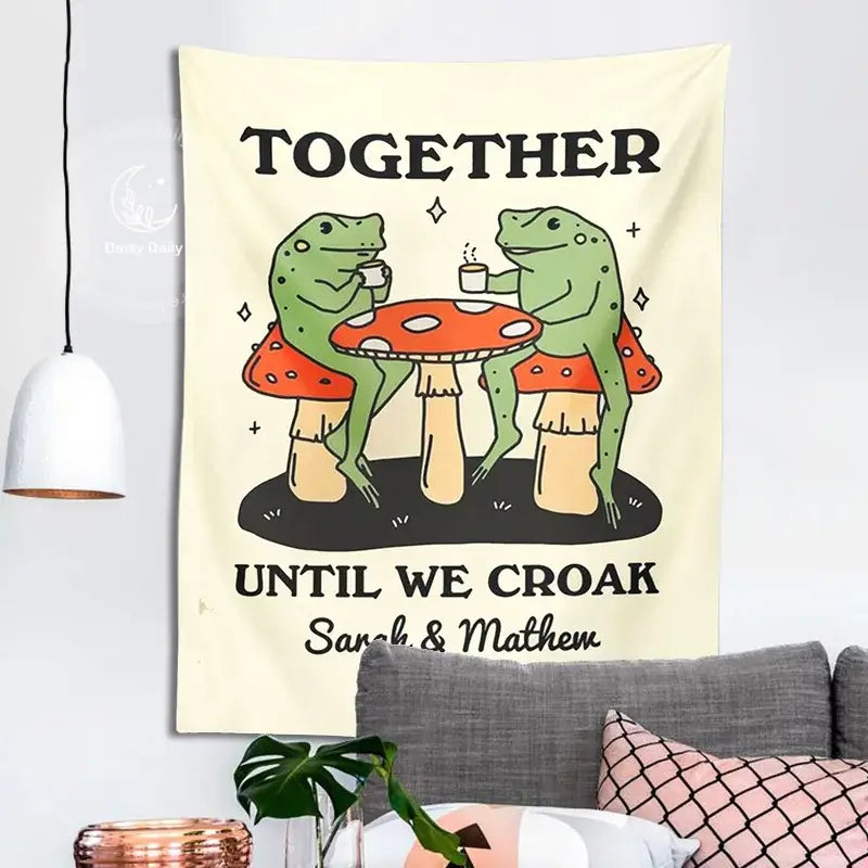 Cute cartoon frog moon phase tapestry cream bedroom wall decor