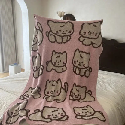 Cute cartoon pink & beige cat flannel blanket bedroom throw