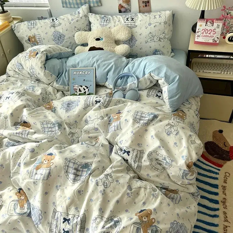 Cute cartoon washed cotton bedding set cream & blue bedroom sheets