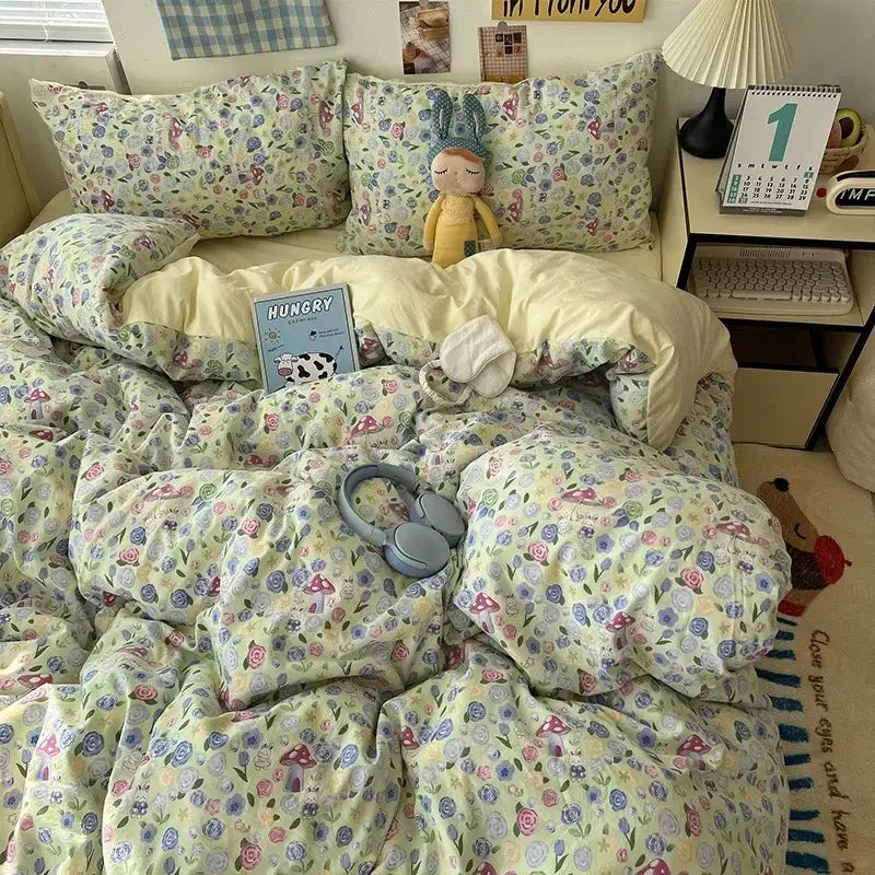 Cute cartoon washed cotton bedding set cream & blue bedroom sheets