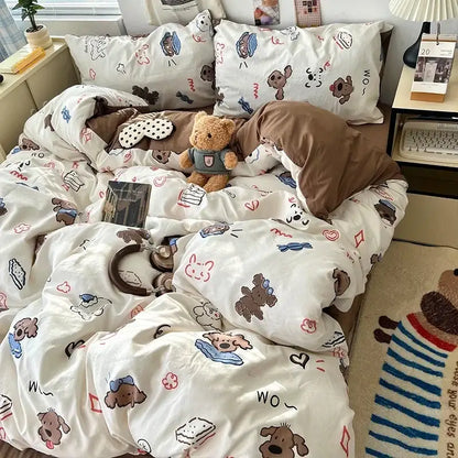 Cute cartoon washed cotton bedding set cream & blue bedroom sheets