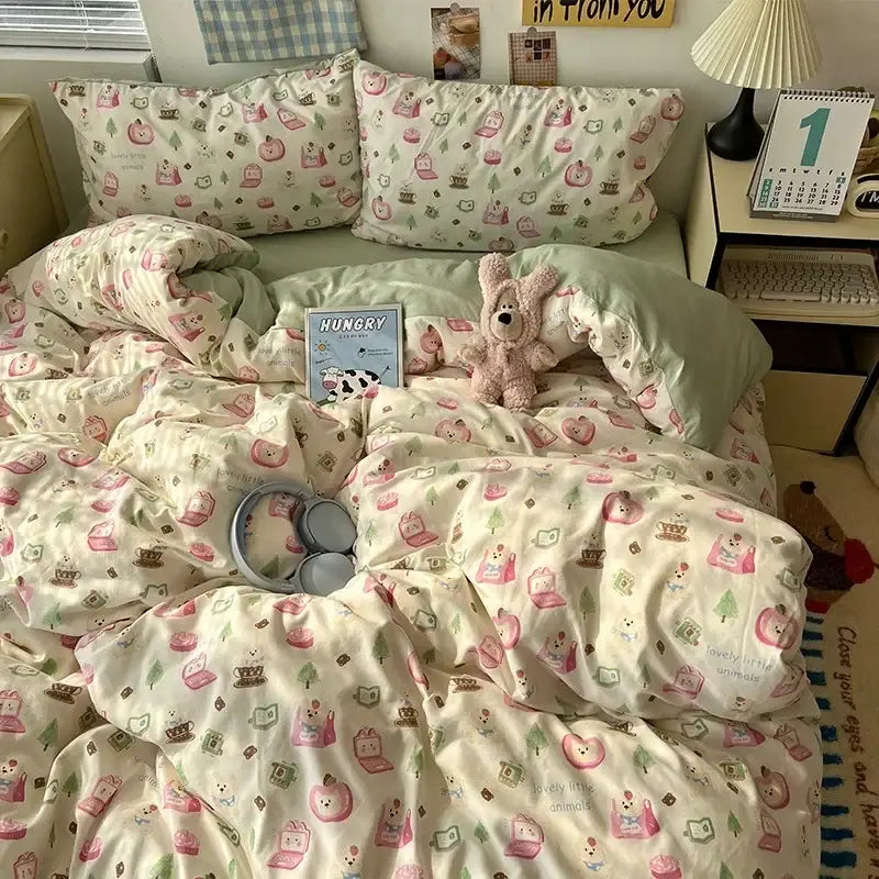 Cute cartoon washed cotton bedding set cream & blue bedroom sheets