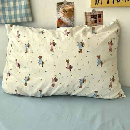 Cute cartoon washed cotton bedding set cream & blue bedroom sheets
