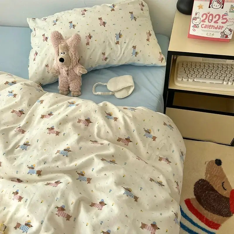 Cute cartoon washed cotton bedding set cream & blue bedroom sheets