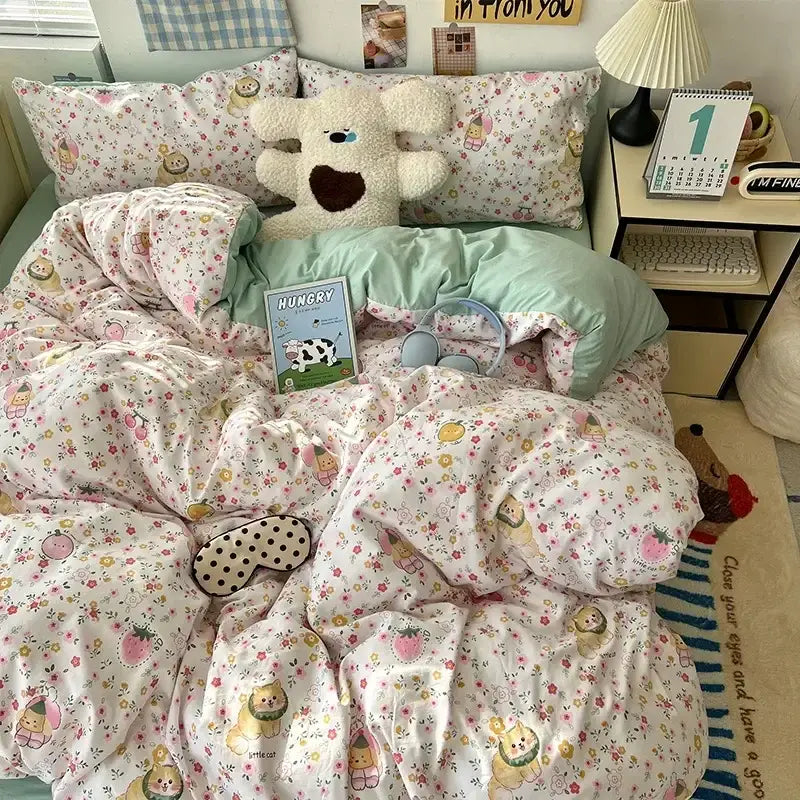 Cute cartoon washed cotton bedding set cream & blue bedroom sheets