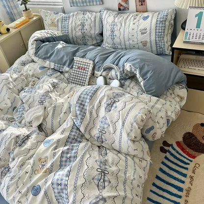 Cute cartoon washed cotton bedding set cream & blue bedroom sheets