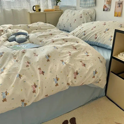 Cute cartoon washed cotton bedding set cream & blue bedroom sheets