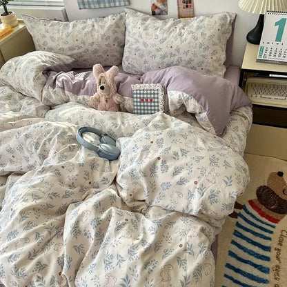 Cute cartoon washed cotton bedding set cream & blue bedroom sheets