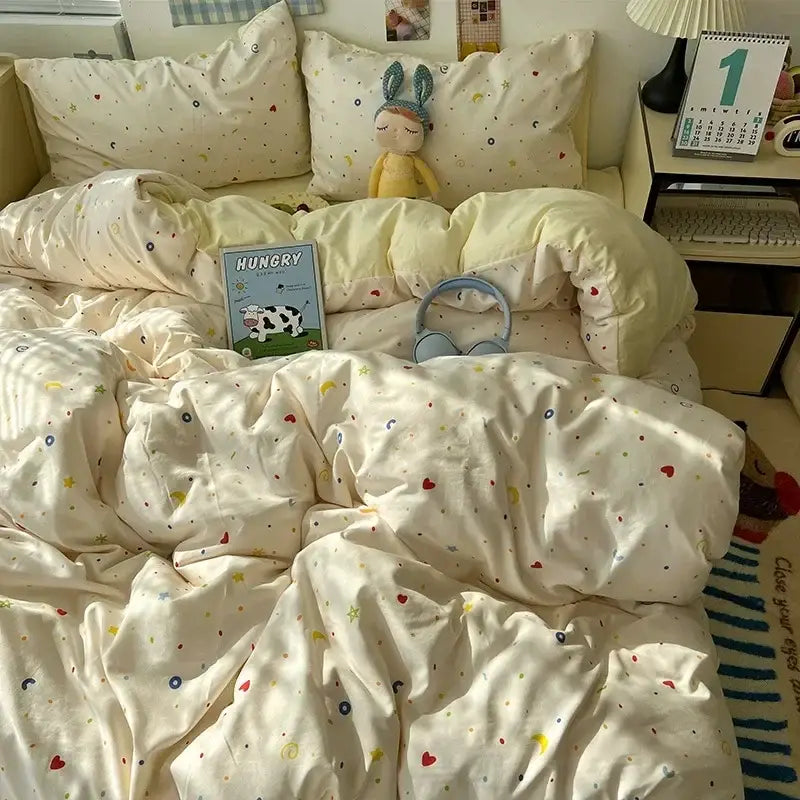 Cute cartoon washed cotton bedding set cream & blue bedroom sheets