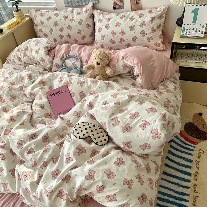 Cute cartoon washed cotton bedding set cream & blue bedroom sheets