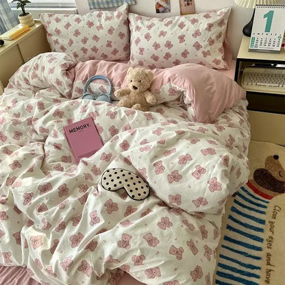 Cute cartoon washed cotton bedding set cream & blue bedroom sheets