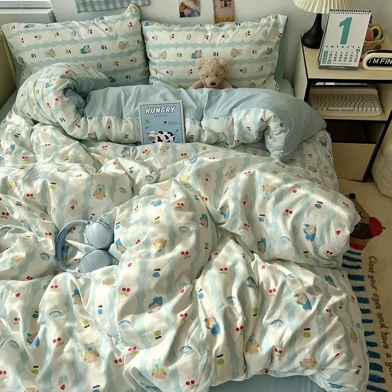 Cute cartoon washed cotton bedding set cream & blue bedroom sheets