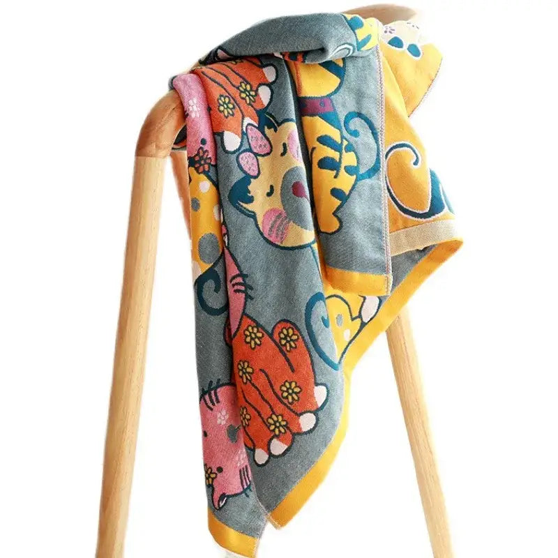 Cute cat bath towel blue knitted animal pattern bathroom wrap