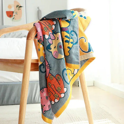 Cute cat bath towel blue knitted animal pattern bathroom wrap