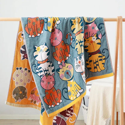 Cute cat bath towel blue knitted animal pattern bathroom wrap