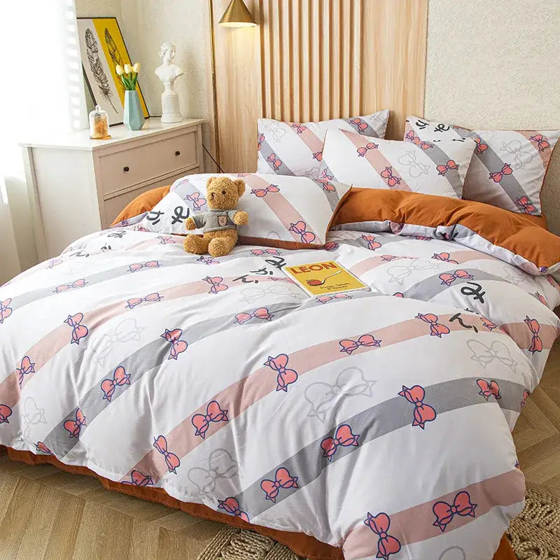 Cute cat bear print pink & blue bedding set bedroom decor